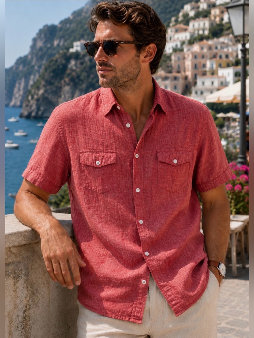 Linen Blend Short Sleeve Button-Up Shirt | European Coastal Summer, Size L